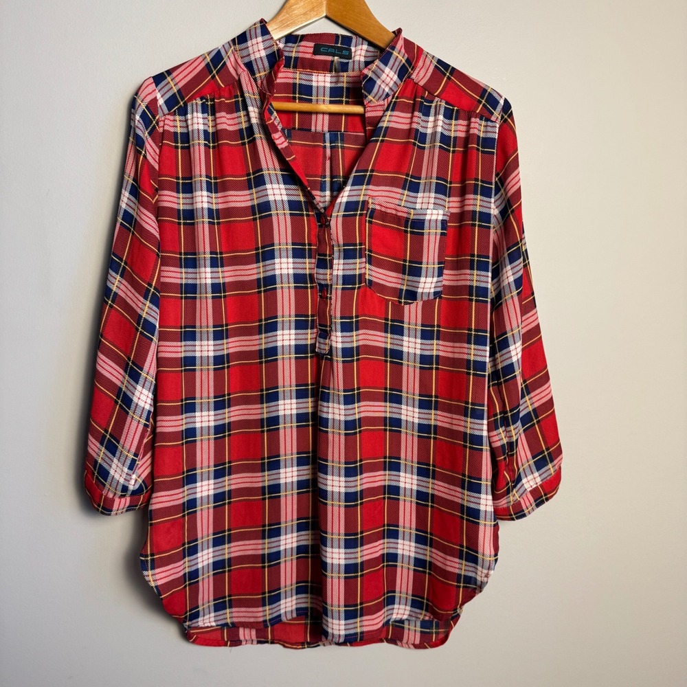 CALS Women's Red‎ Tartan Plaid Lightweight Long Sleeve 1/2 Button Up Shirt Large